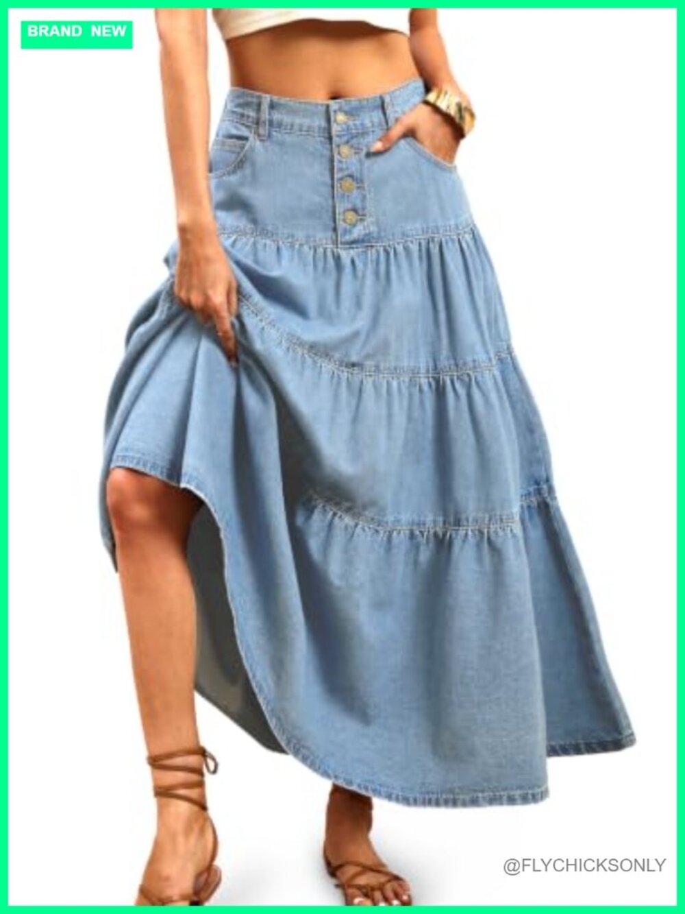 High Waisted Tiered A-Line Denim Maxi Skirt Button Front Flowy Boho